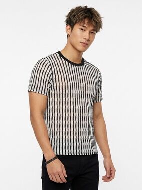 Shein Mens T-shirt Medium Striped Polyester Short Sleeve Casual Black White